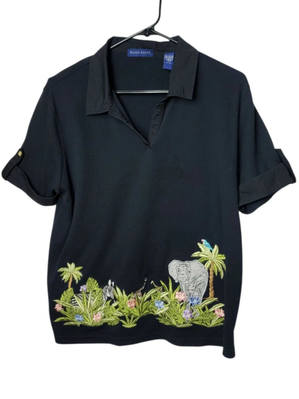 Karen Scott Black Polo Shirt W/Jungle Embroidery Womens Large - Picture 2 of 9